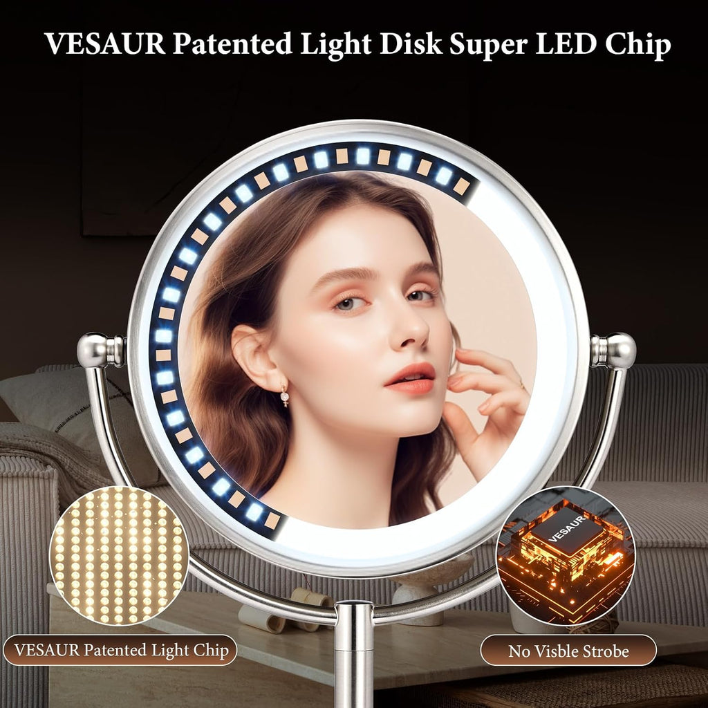 Professional 8.5" Large Lighted Makeup Mirror with Brighter Lights, 1X/10X True HD Magnifying Mirror with 3 Color Dimmab