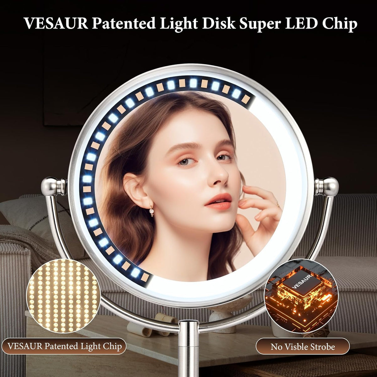 Professional 8.5" Large Lighted Makeup Mirror with Brighter Lights, 1X/10X True HD Magnifying Mirror with 3 Color Dimmab