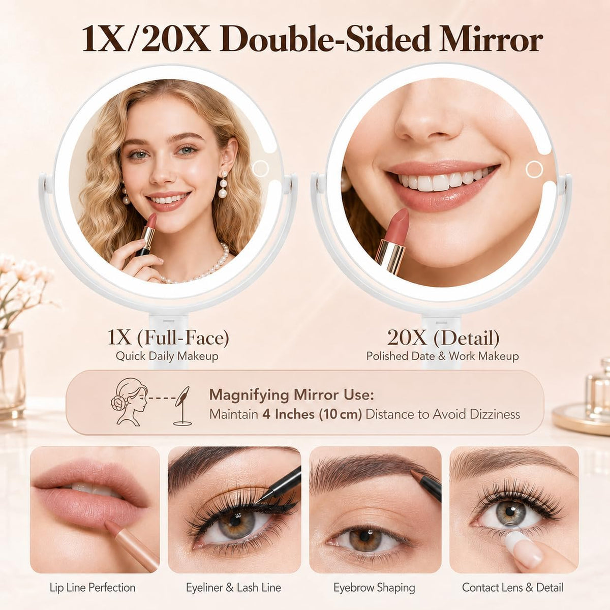 Makeup Mirror with Lights, 20X Magnifying Mirrors, Height Adjustable, Vanity Mirror with Lights Rechargeable 3 Color Mod