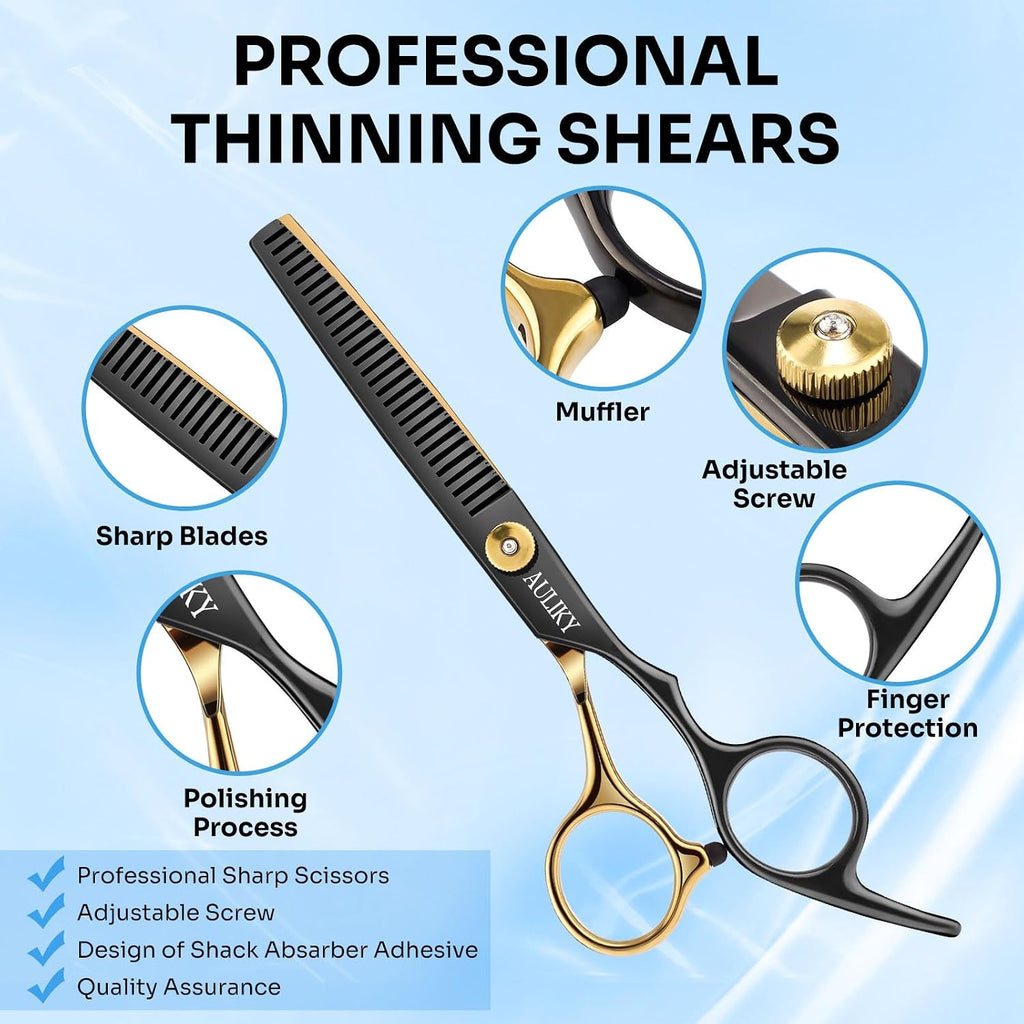 AULikY Hair Cutting Scissors Shears Kits, 15 Pcs Professional Stainless Steel Hairdressing Shears Set Thinning Scissors 