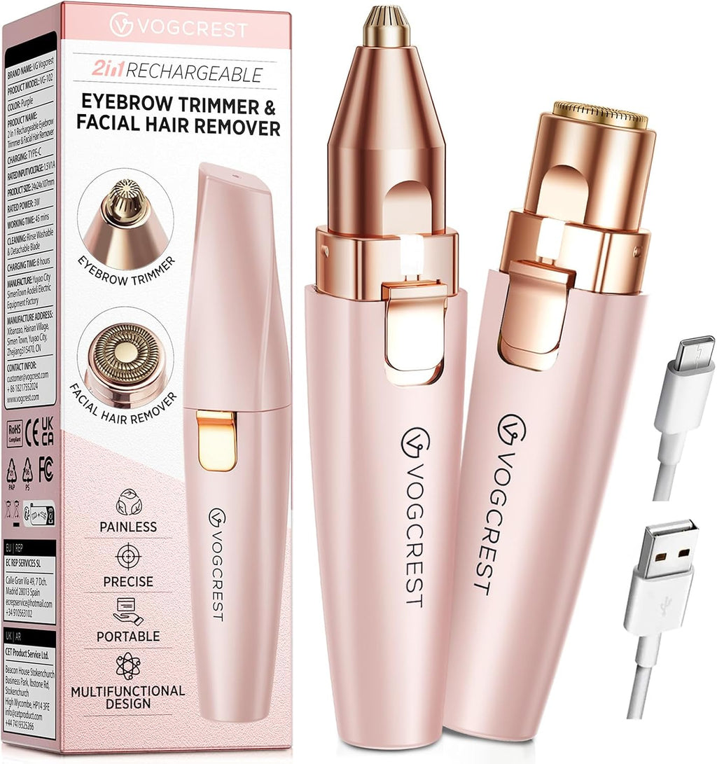 VG VOGCREST Eyebrow & Facial Trimmer: 2 in1 Rechargeable Facial Hair Removal & Eyebrow Shaver - Body Razor with Built-in