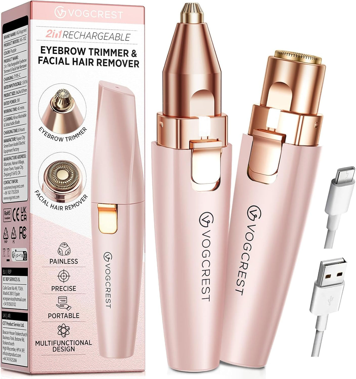 VG VOGCREST Eyebrow & Facial Trimmer: 2 in1 Rechargeable Facial Hair Removal & Eyebrow Shaver - Body Razor with Built-in
