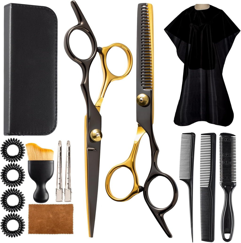 15 pcs Hair Cutting Scissors Professional, Thinning Shears for Hair Cutting, Black Gold Stainless Steel Barber Scissors,