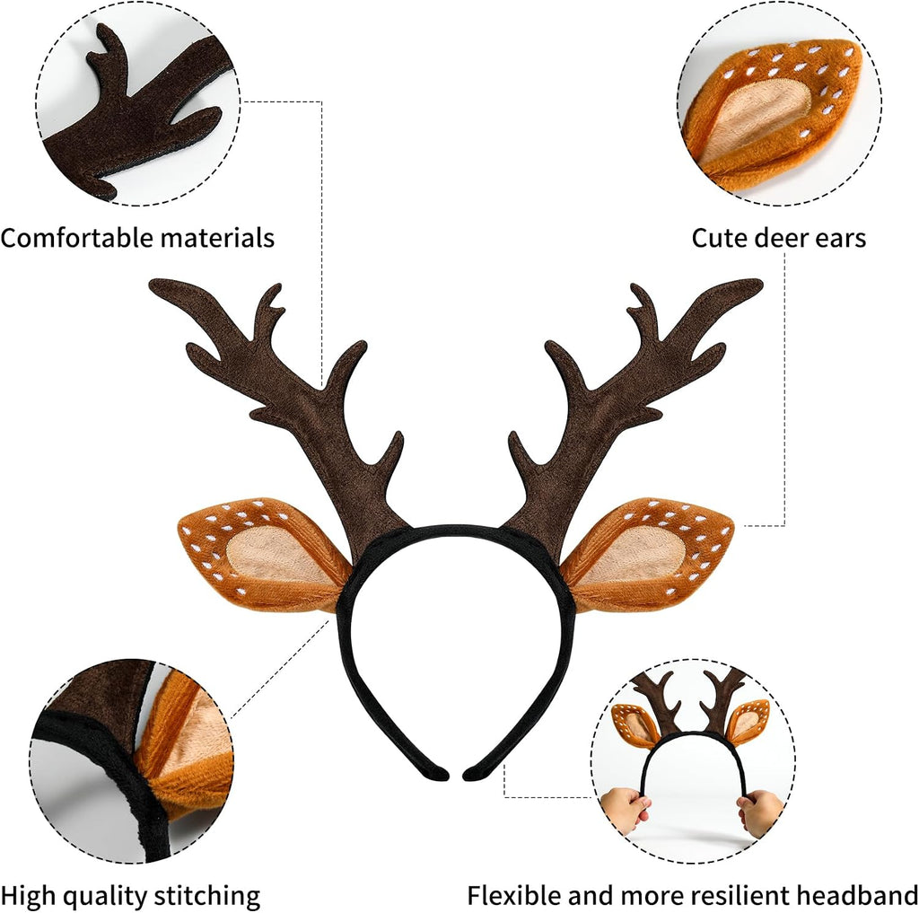 woxafo Deer Antlers Headband, Deer Costume for Women Adults, Cute Reindeer Horns Ears Costume Accessories for Halloween 