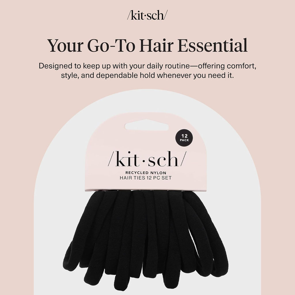 Kitsch Elastic Hair Ties No Damage | Stretchable Hair Bands - Black, 12pcs