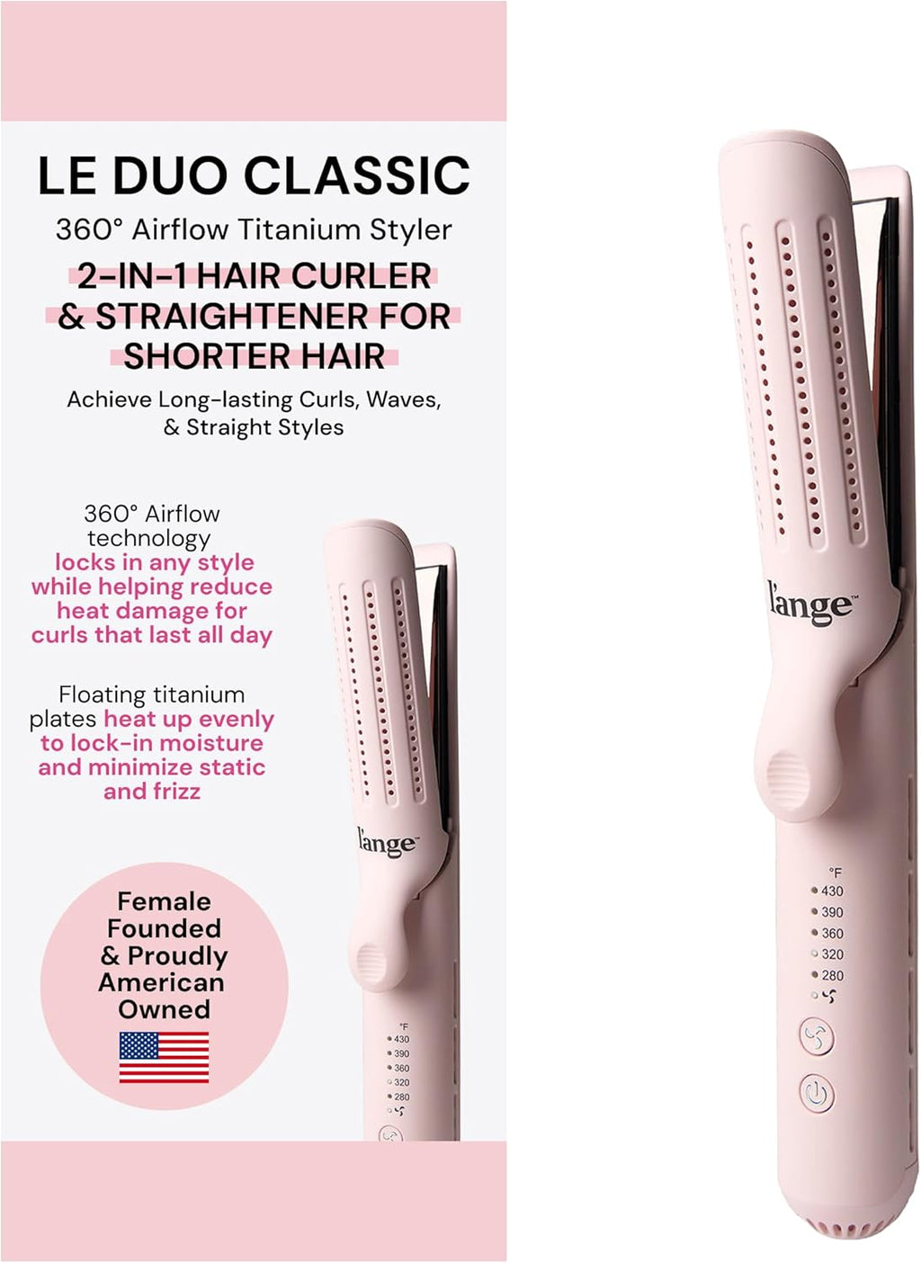 L'ange Hair Le Duo Grande 360° Airflow Styler | Curl & Straighten with One Tool | 5.3" Snag-Free Titanium Plates | Cooli