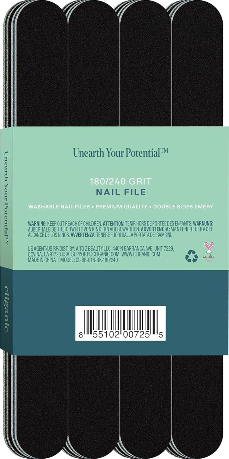 Cliganic 12 Pack Nail File Set: 180/240 Grit | Professional Emery Boards for Natural, Gel & Acrylic Nails | Washable Dou