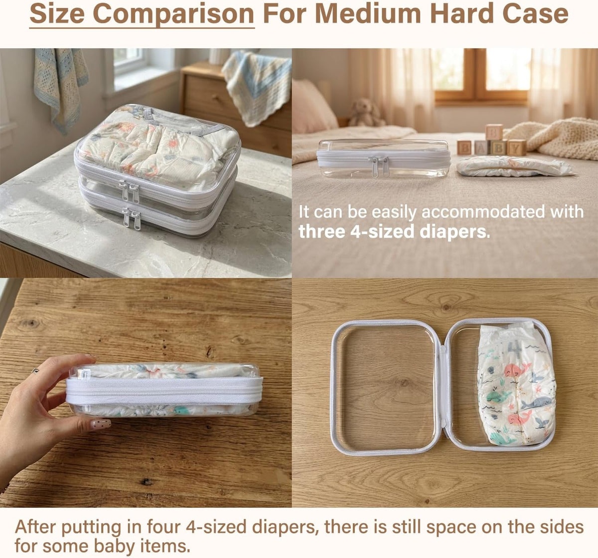 3-Pack Medium Clear Hard Shell Zipper Pouches, Clear Zipper Bags, Hard Case Pouches for Purse & Diaper Bag Organizer, an