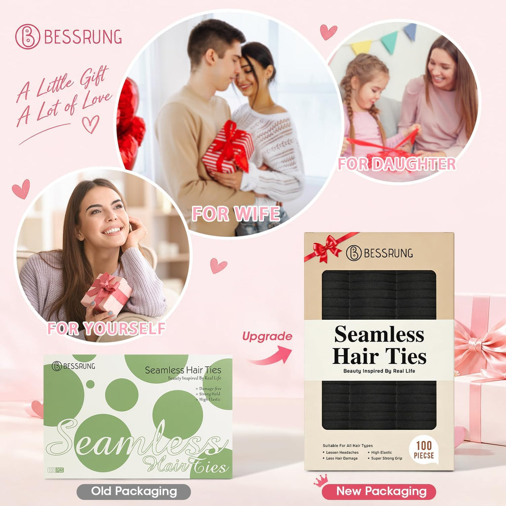 Bessrung 100PCS Black Seamless Elastic Hair Ties No Damage for Women Girls