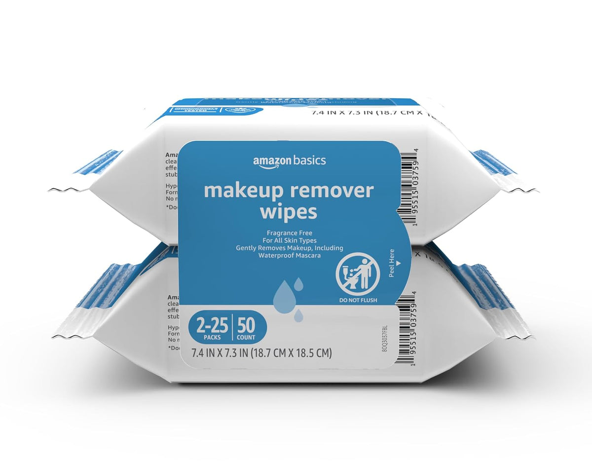 Amazon Basics Makeup Remover Wipes, Formulated without Fragrance and Alcohol-Free, Gentle Cleansing, Removes Waterproof 