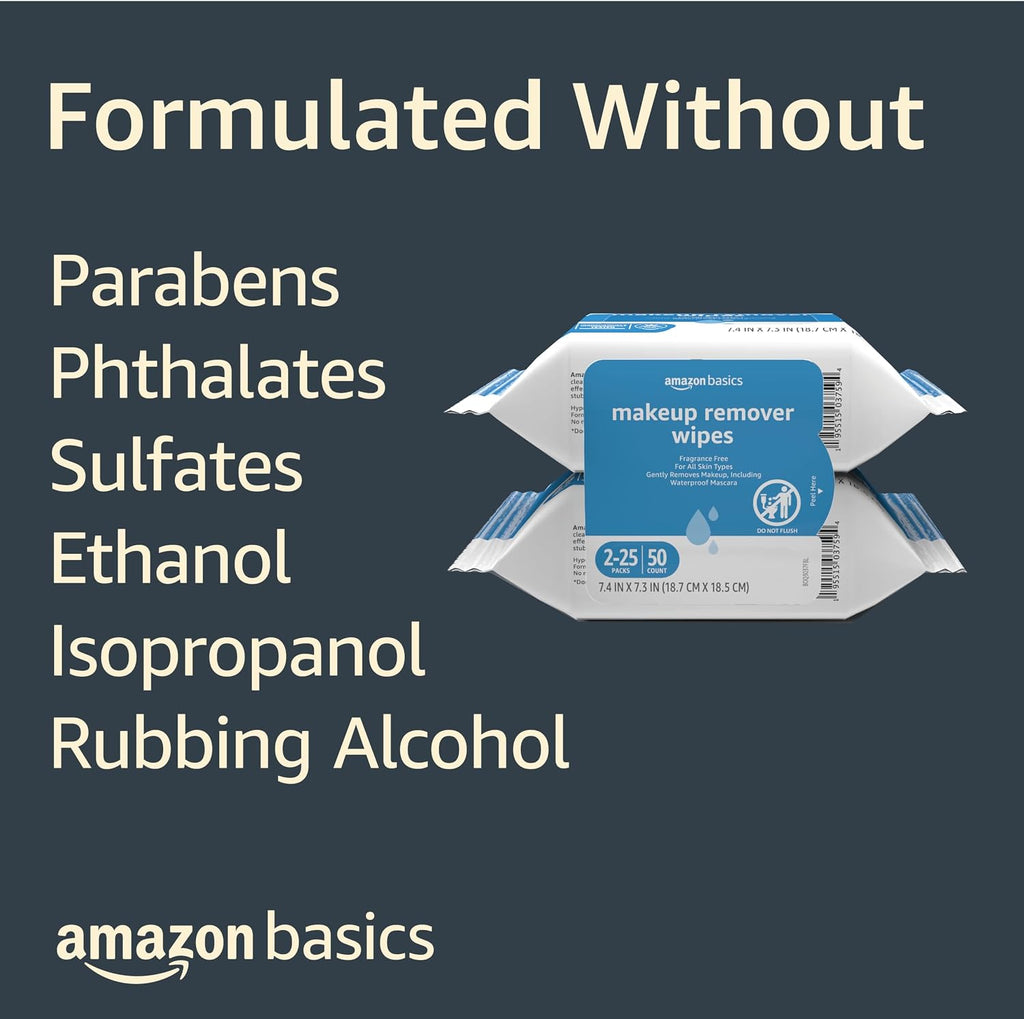 Amazon Basics Makeup Remover Wipes, Formulated without Fragrance and Alcohol-Free, Gentle Cleansing, Removes Waterproof 