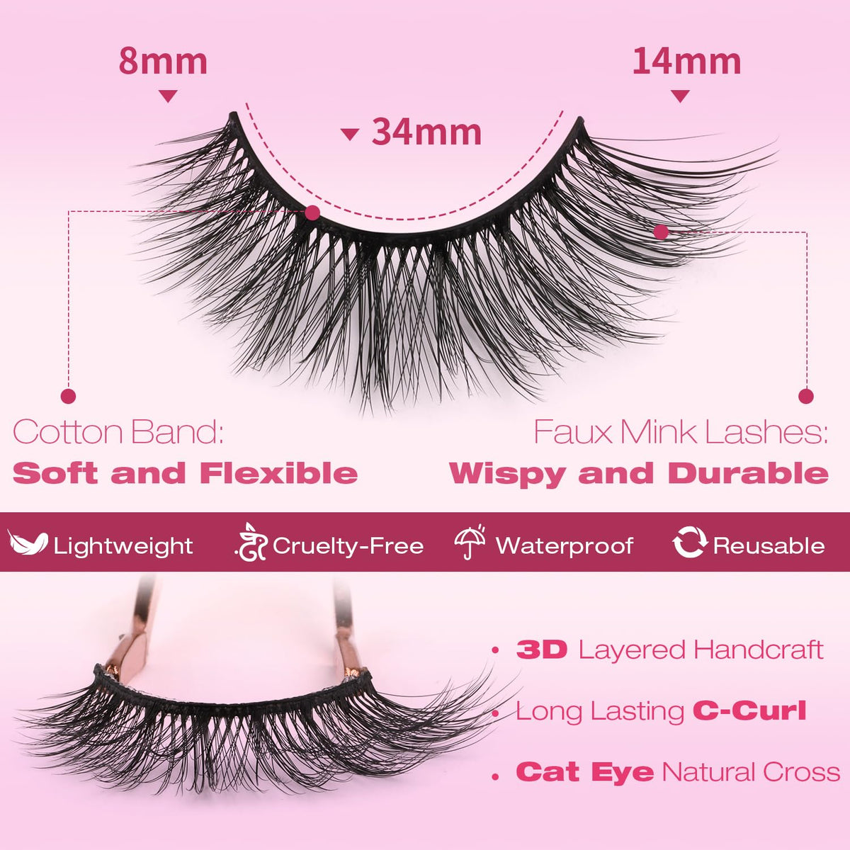 False Eyelashes 14mm Faux 3D Mink Lashes Natural Look Cat Eye Wispy Lashes Pack by Kiromiro, 14 Pairs