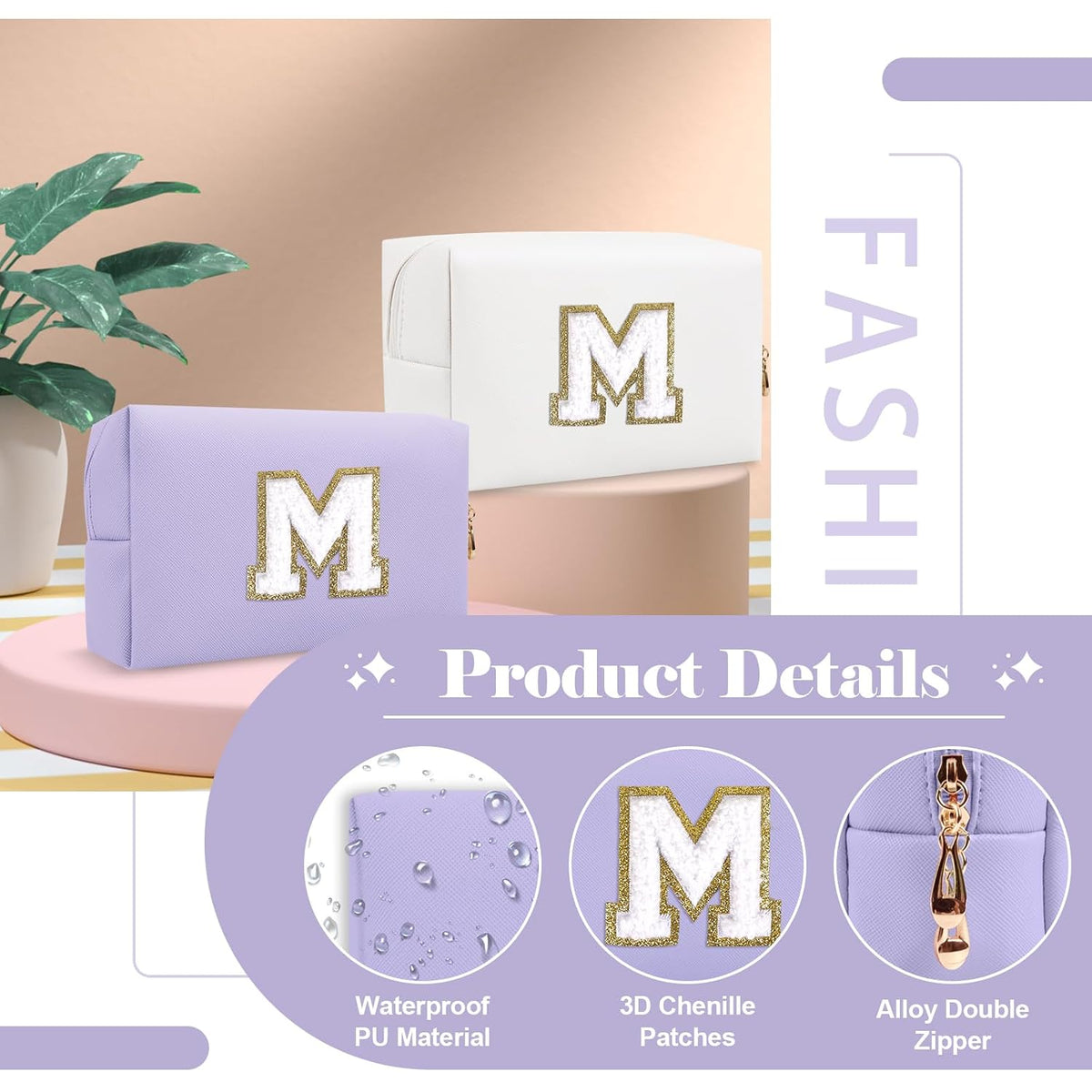 Personalized Makeup Bag Initial A-Z Preppy Patch Bag,Small PU Leather Travel Cosmetic Bag Pouch with Zipper,Purple Cute 