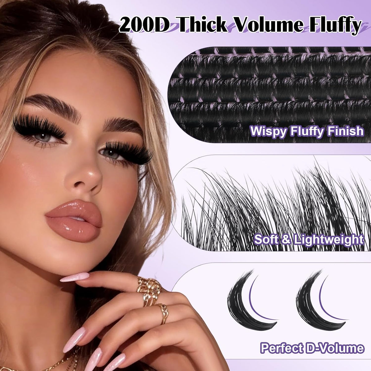 B&Q Fluffy Lash Clusters 200D,Dramatic Full Eyelash Clusters Volume 10-18mm