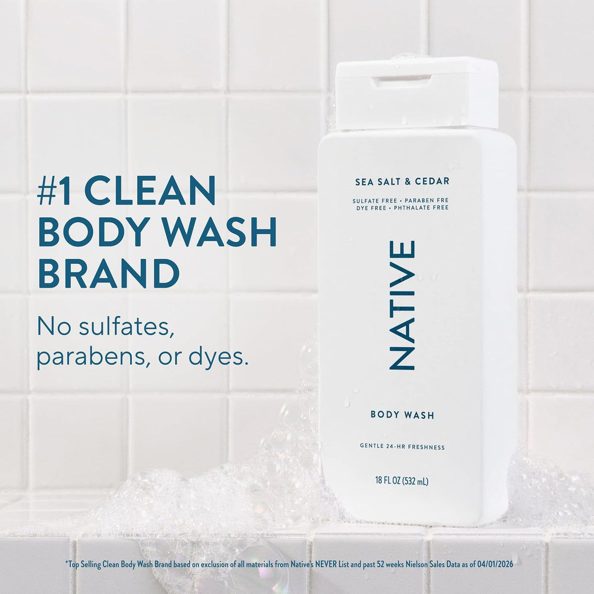 Native Clean Body Wash for Women & Men, Sea Salt & Cedar Scent, 18 fl oz