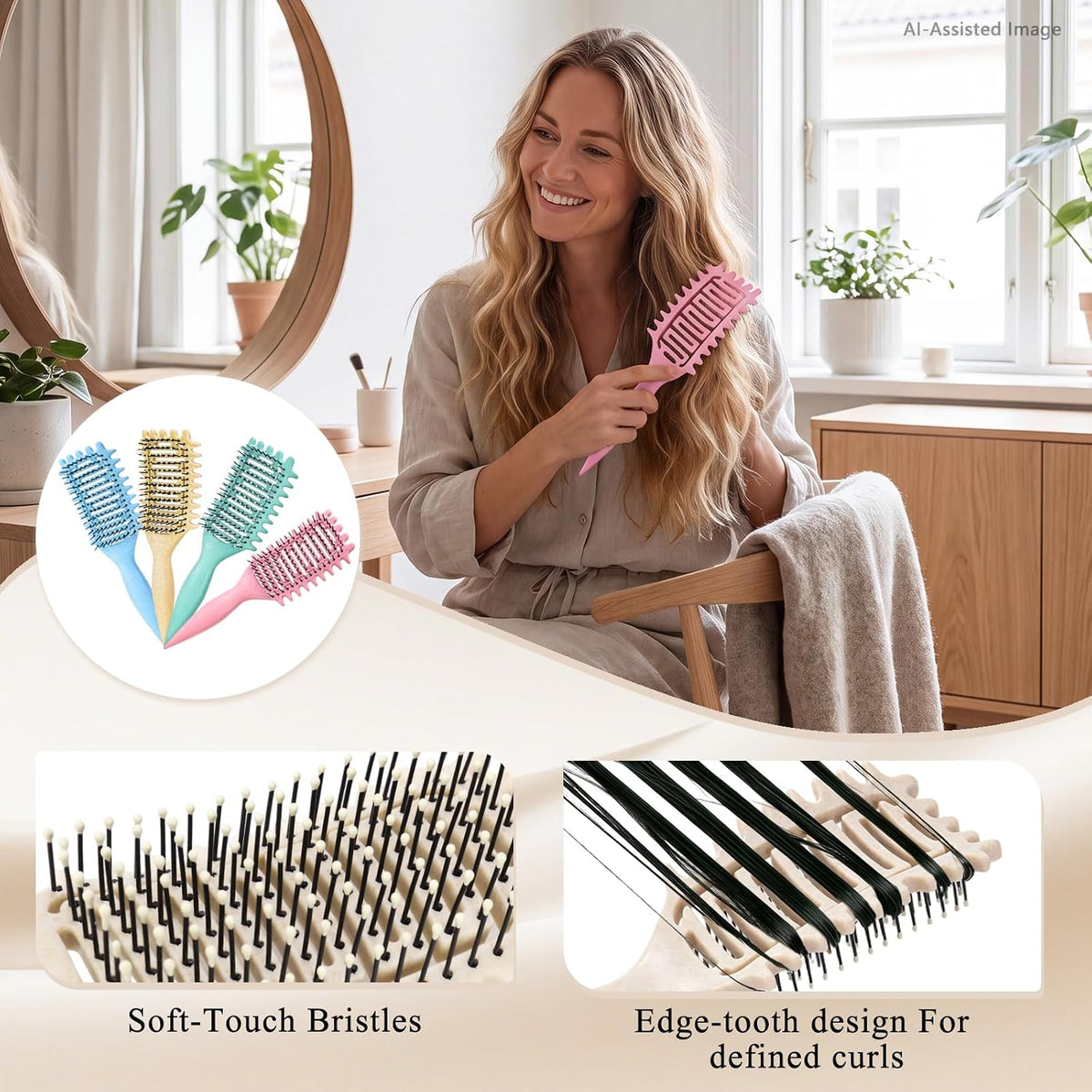 Curl Defining Brush for Curly Hair, Vented Detangling Hair Brush for Wet and Dry Styling, Curved Brush for Shaping and S