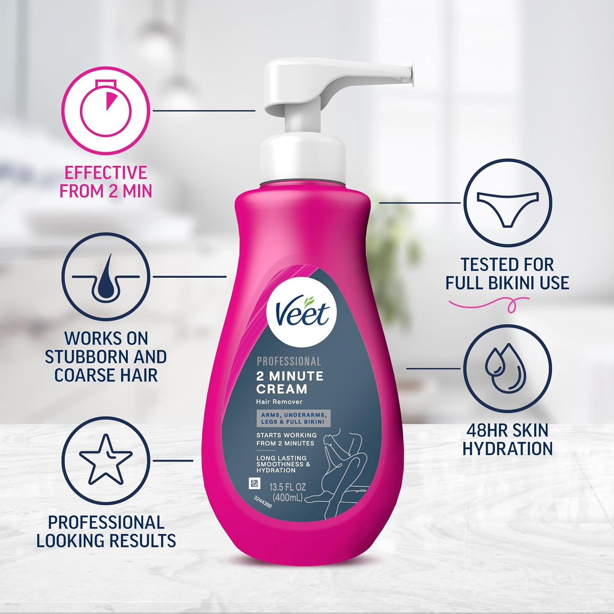Veet Professional 2 Min Hair Removal Cream, Full Body & Bikini, 13.5 FL OZ