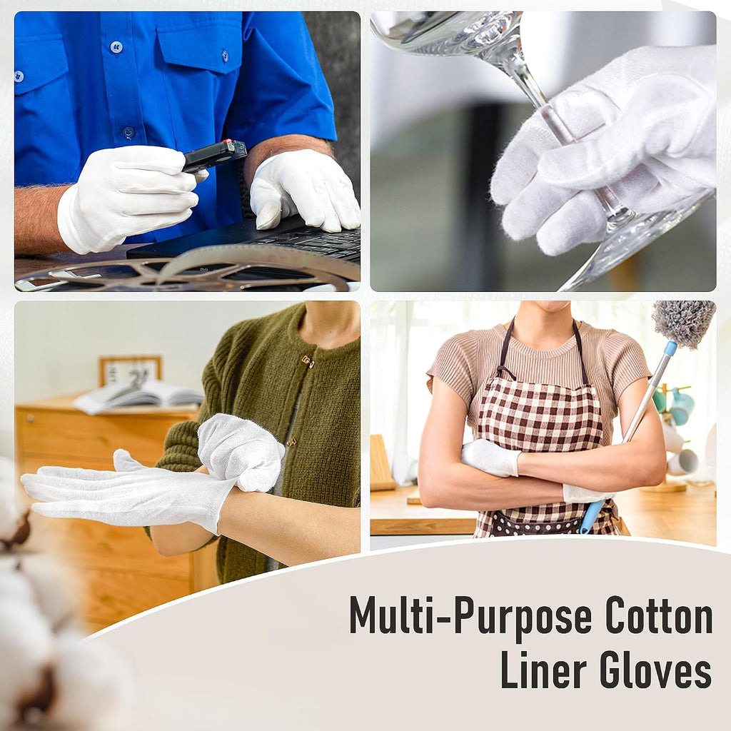 COOLJOB 100% Cotton Gloves, 6 Pairs White Cotton Gloves for Dry Hands Moisturizing & Eczema, Overnight Lotion, Sleep & S
