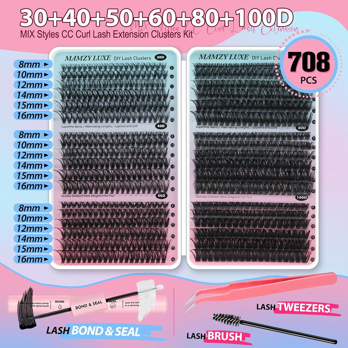 Lash Clusters Kit 708Pcs Individual Cluster Lash Extensions Kit 30D+40D+50D+60D+80D+100D Wispy Eyelash Clusters with Las