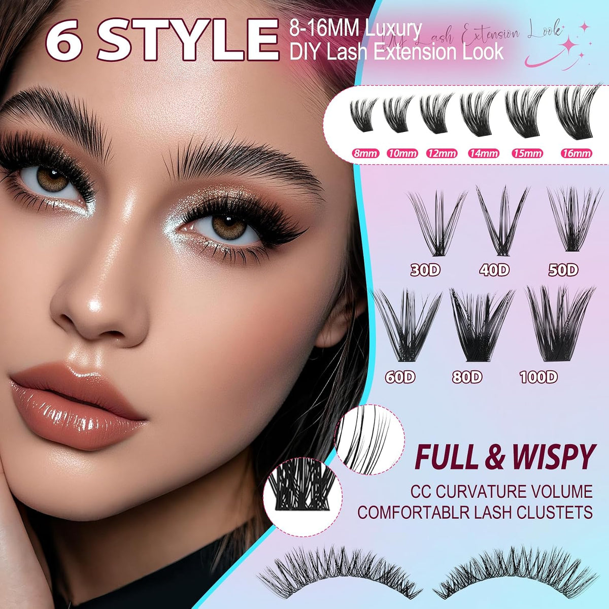 Lash Clusters Kit 708Pcs Individual Cluster Lash Extensions Kit 30D+40D+50D+60D+80D+100D Wispy Eyelash Clusters with Las