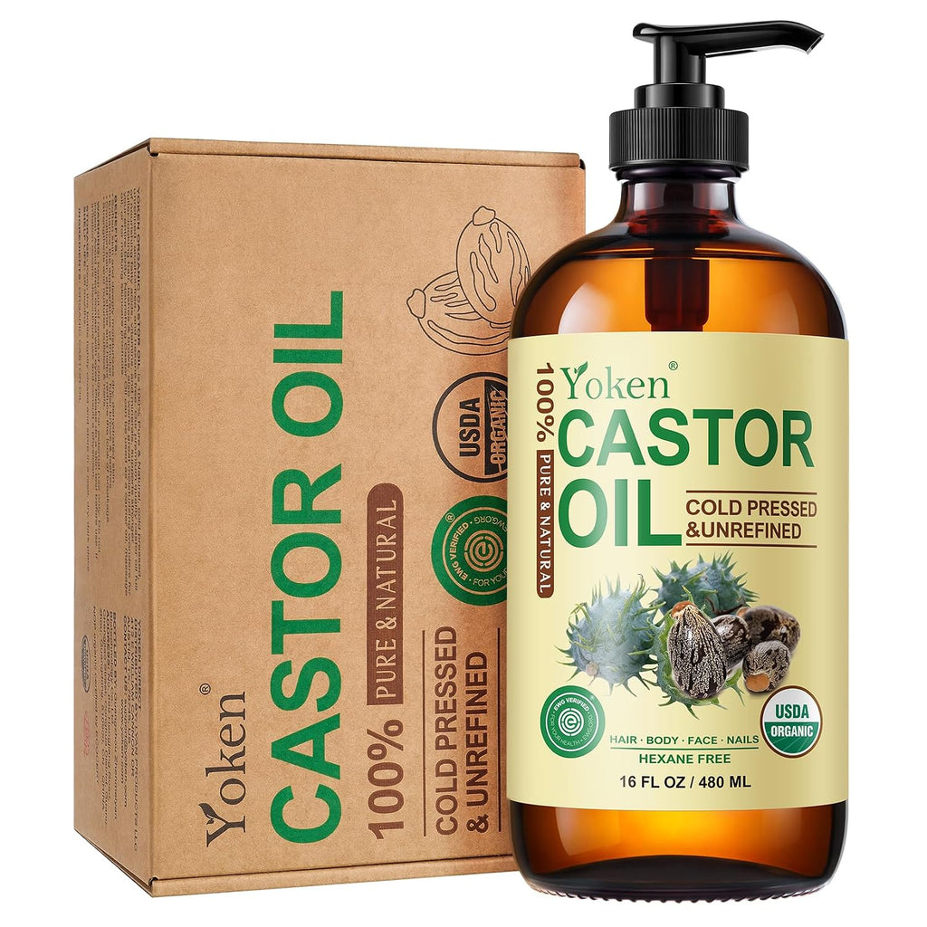 Yoken USDA Organic Castor Oil 16oz Cold Pressed Hexane Free for Hair Skin