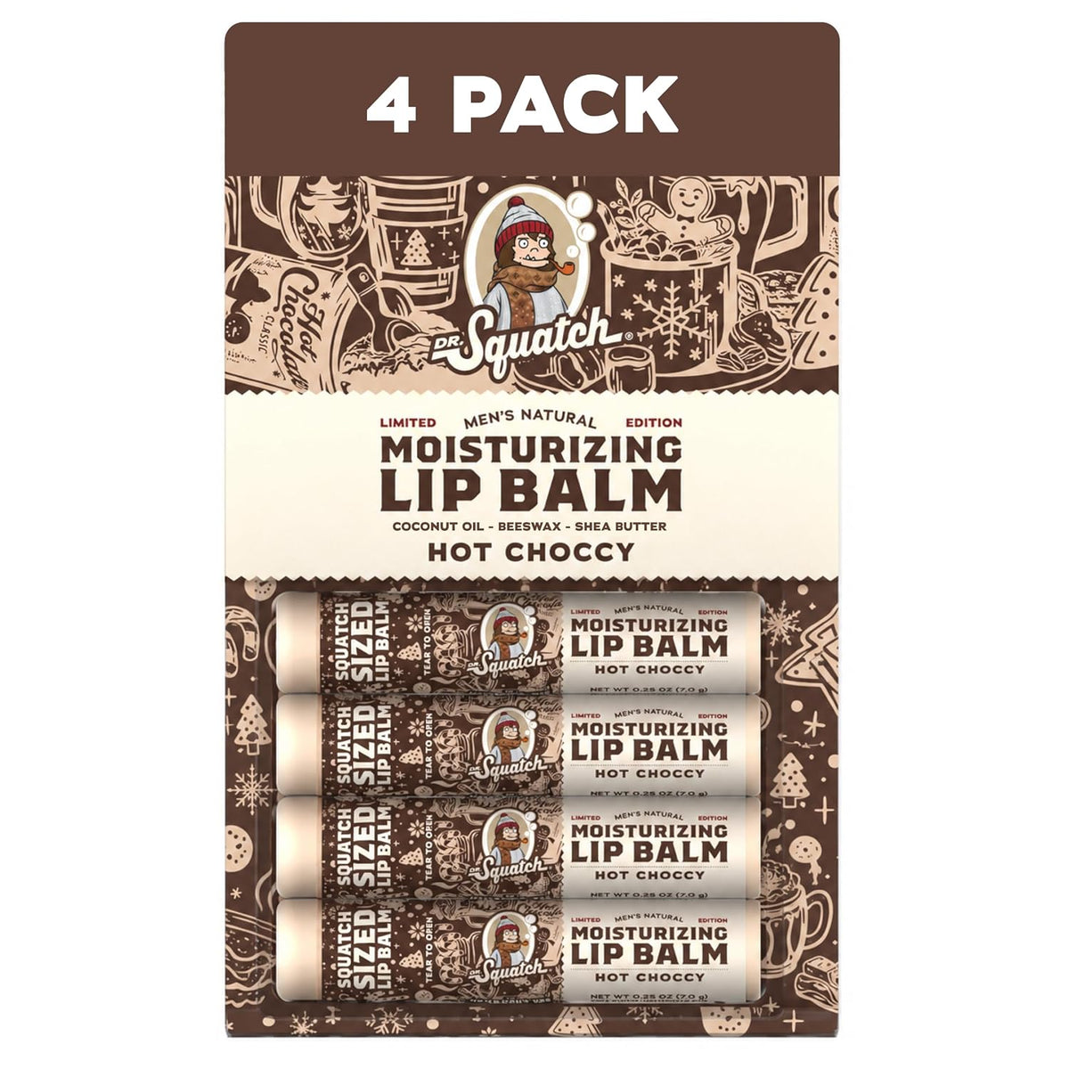 Dr. Squatch Natural Lip Balm for Men, Men’s Lip Care (0.25oz, 4-Pack)