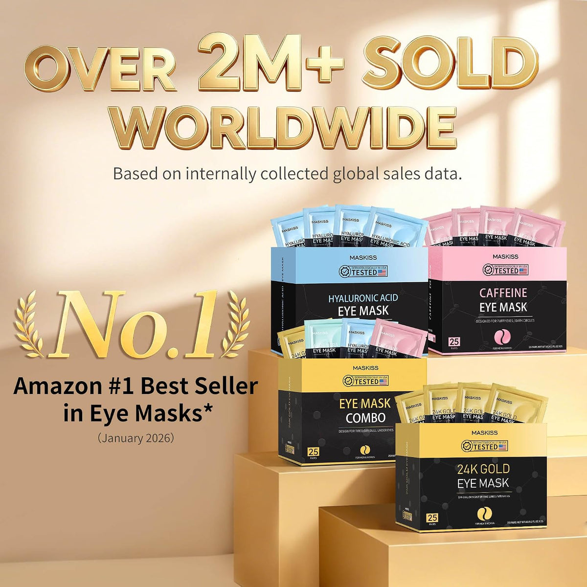 Maskiss 24k Gold Under Eye Patches (25 Pairs), eye mask, Collagen Skin Care Products, Eye Patches for Puffy Eyes, eye ma