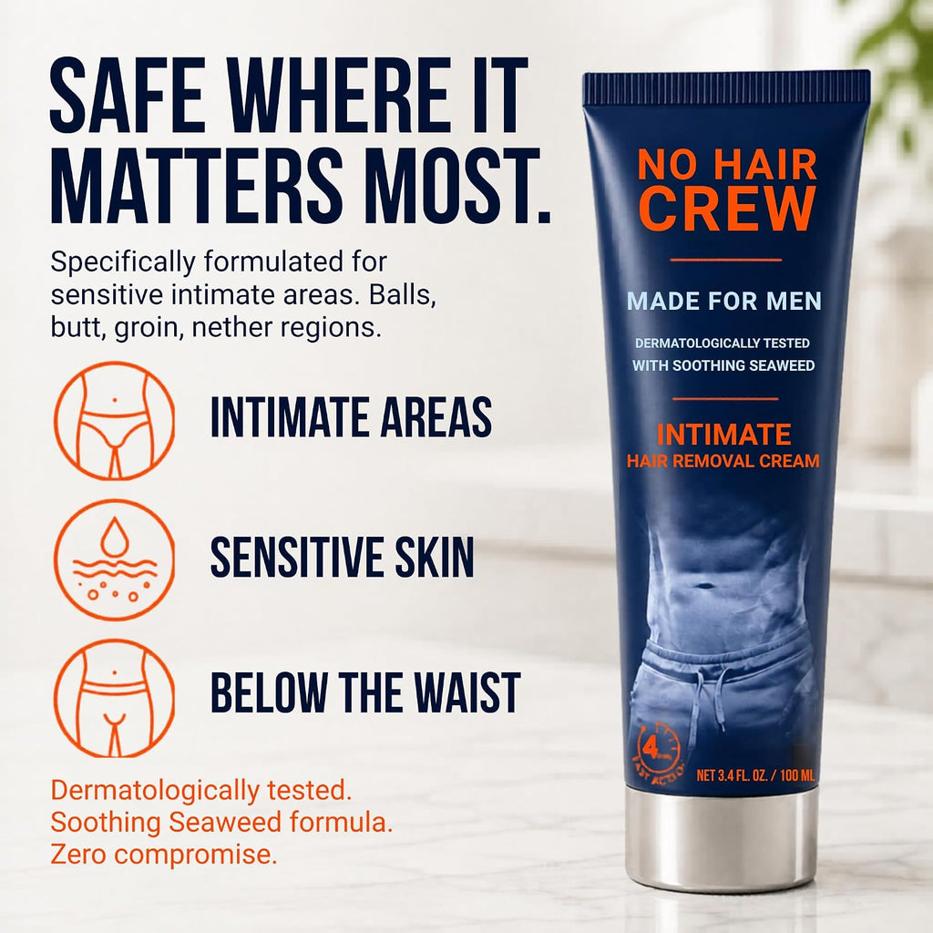 No Hair Crew Intimate/Private At Home Hair Removal Cream for Men - Painless, Flawless, Soothing Depilatory for Unwanted 