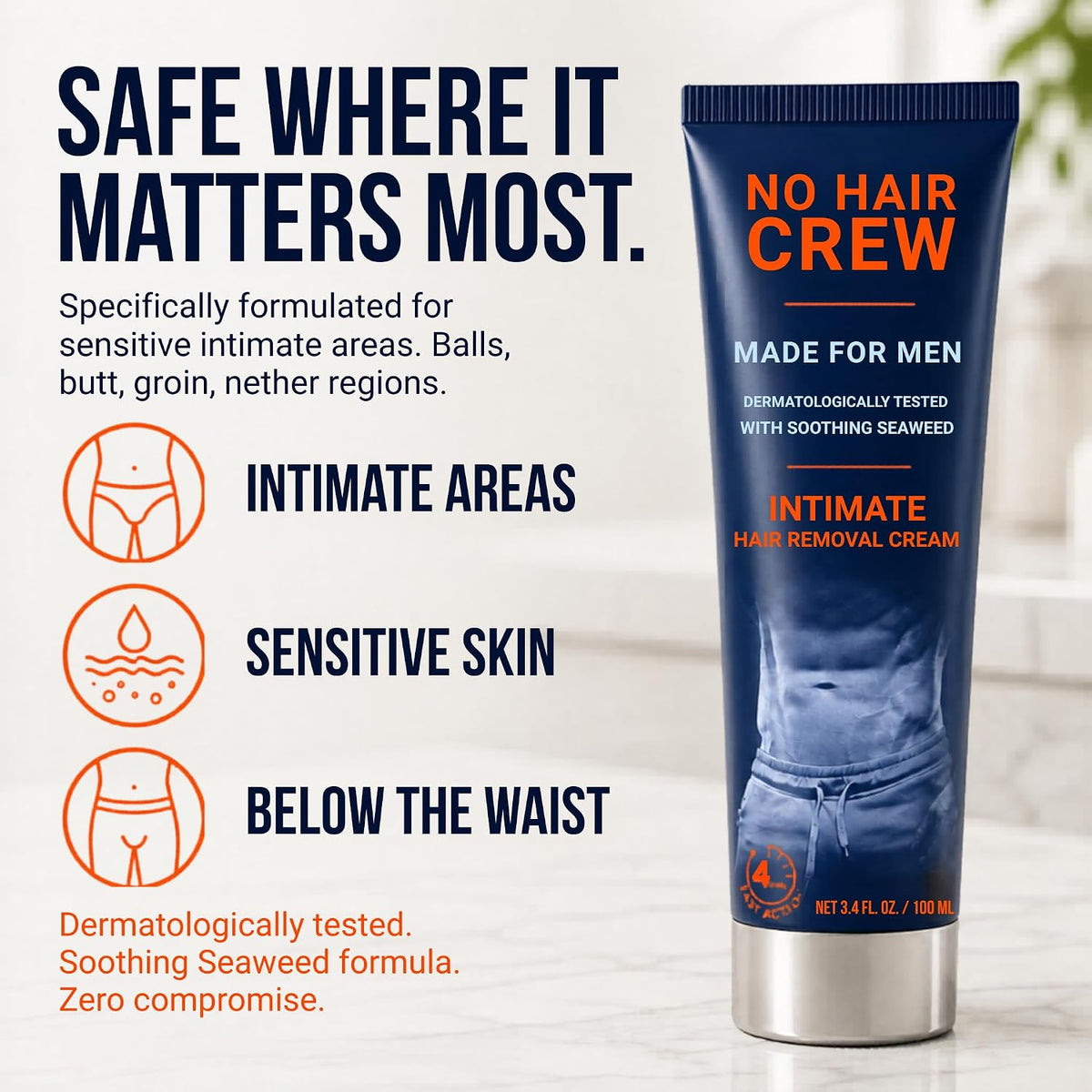 No Hair Crew Intimate/Private At Home Hair Removal Cream for Men - Painless, Flawless, Soothing Depilatory for Unwanted 