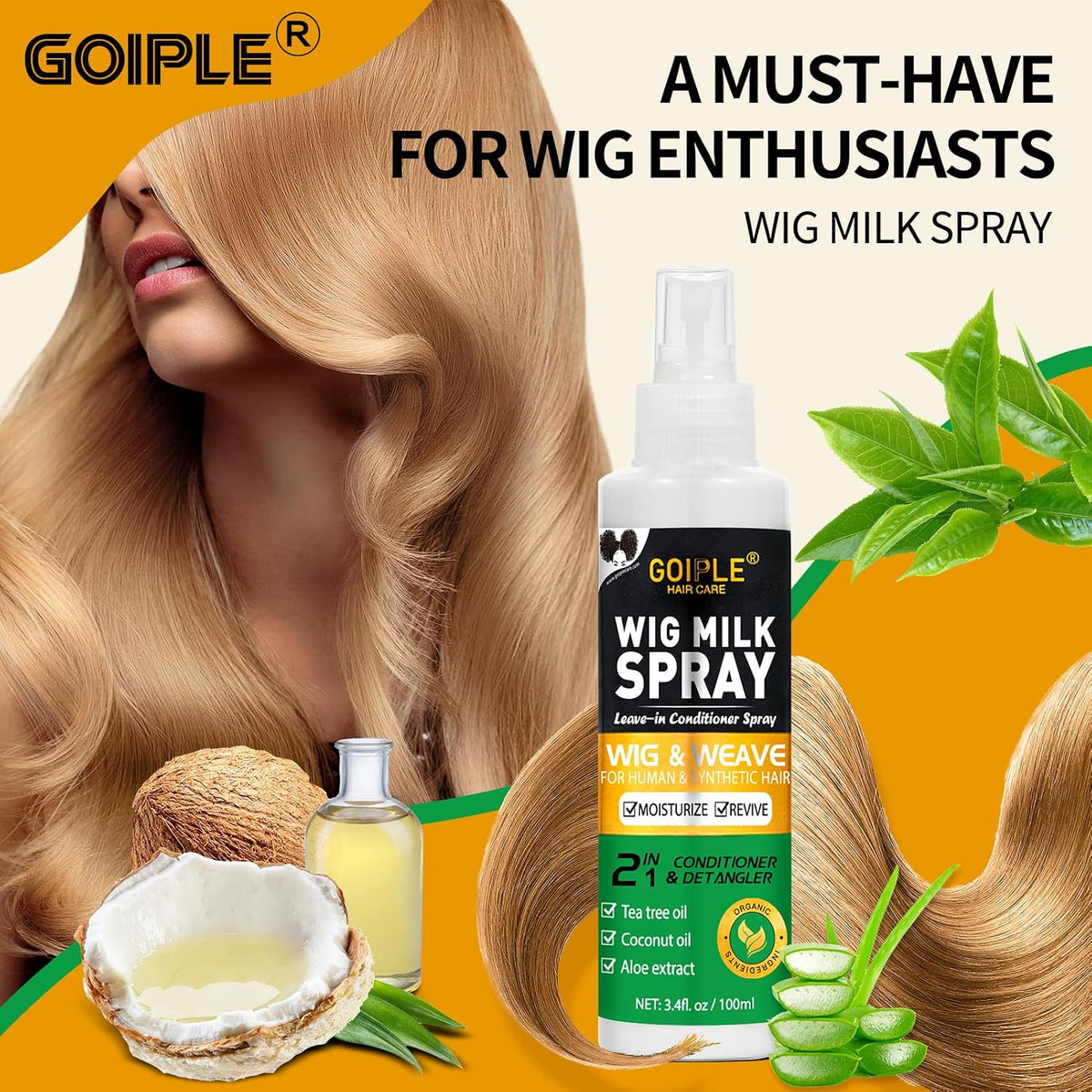 Goiple Wig Milk Spray Wig Spray for Synthetic Hair, Leave-In Conditioner for Hair Wigs, Conditioner ＆ Detangler 2 in 1 M