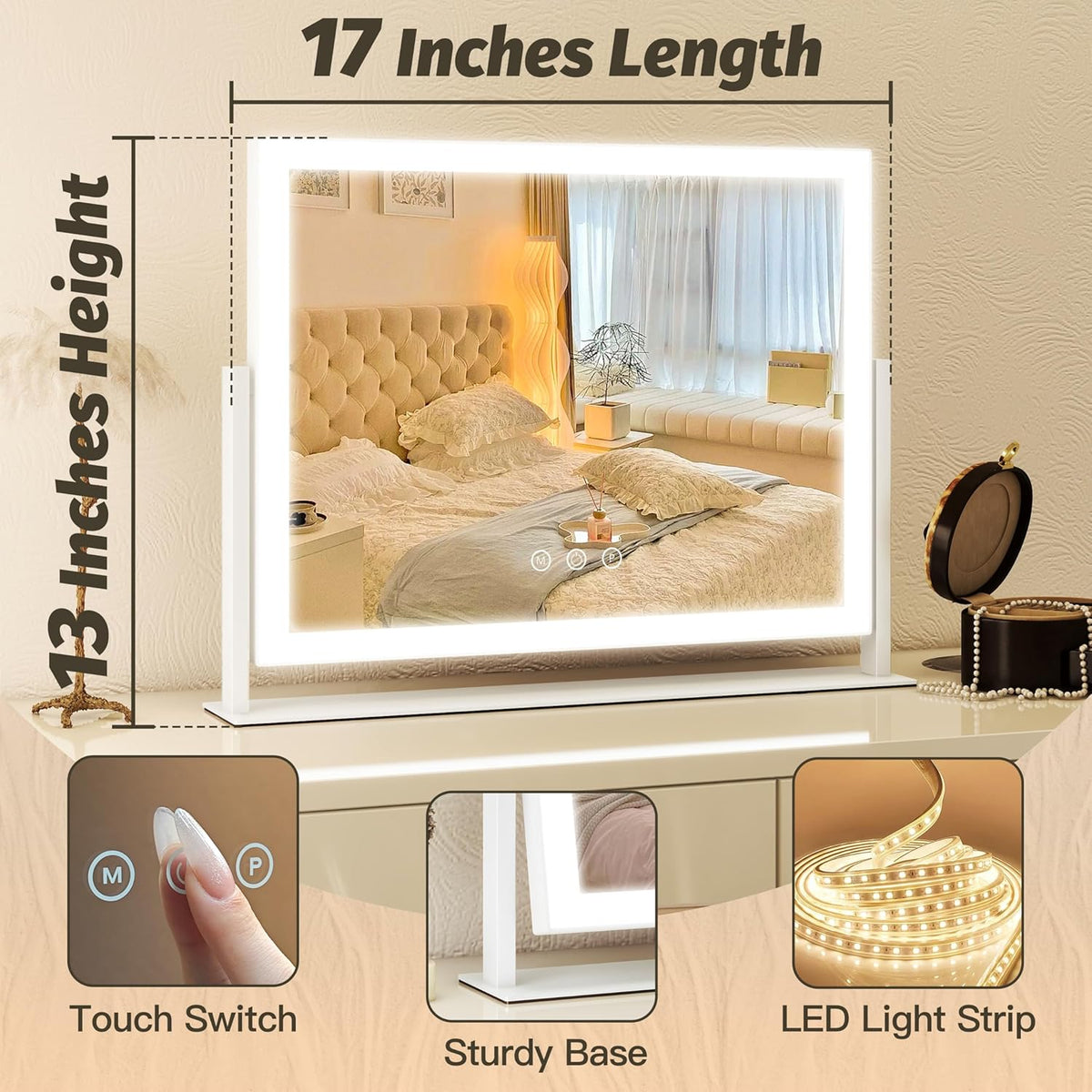 FENNIO Vanity Mirror with Lights 13'' x 17'' Makeup Mirror with Lights,Vanity Mirror Touch Screen with 3-Color Lighting,