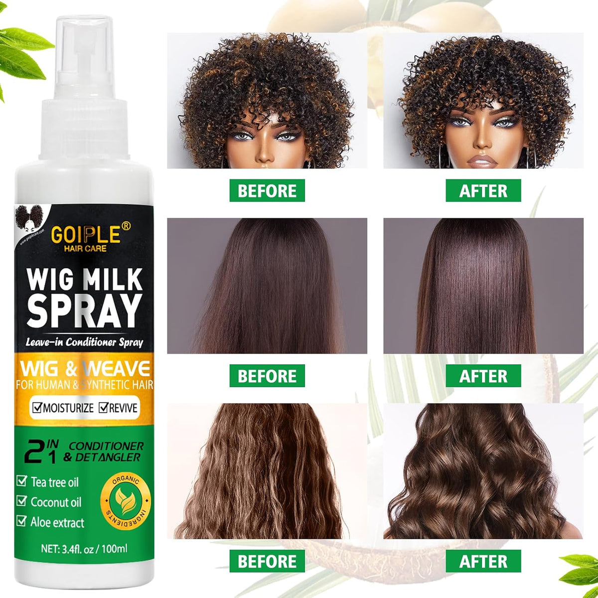 Goiple Wig Milk Spray Wig Spray for Synthetic Hair, Leave-In Conditioner for Hair Wigs, Conditioner ＆ Detangler 2 in 1 M