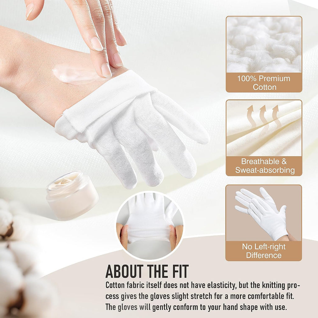COOLJOB 100% Cotton Gloves, 6 Pairs White Cotton Gloves for Dry Hands Moisturizing & Eczema, Overnight Lotion, Sleep & S