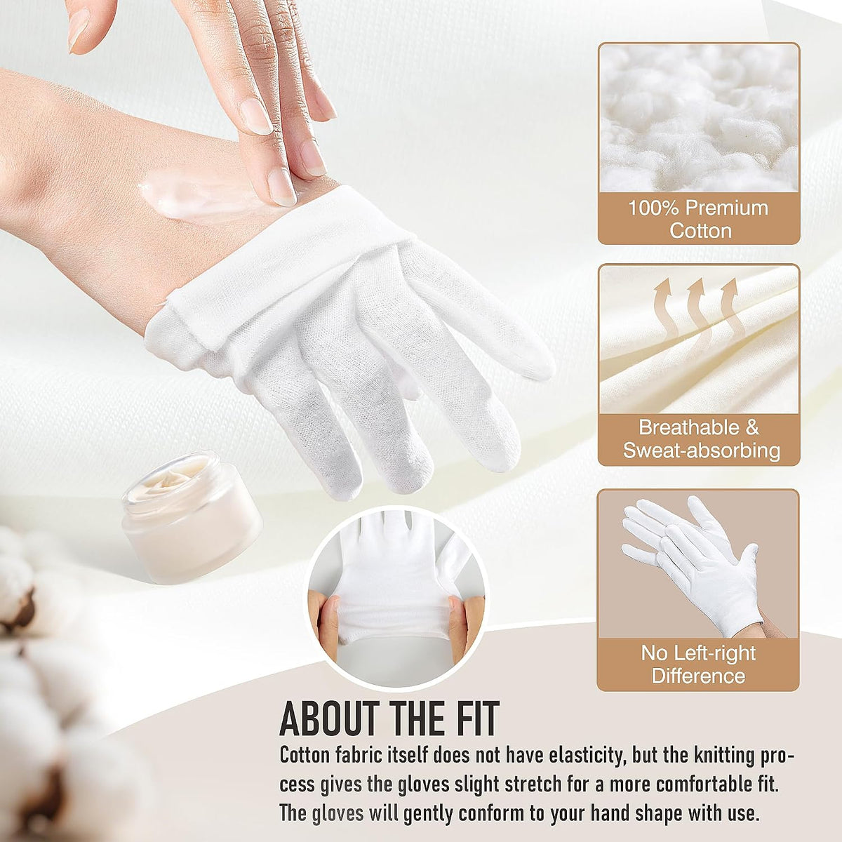COOLJOB 100% Cotton Gloves, 6 Pairs White Cotton Gloves for Dry Hands Moisturizing & Eczema, Overnight Lotion, Sleep & S