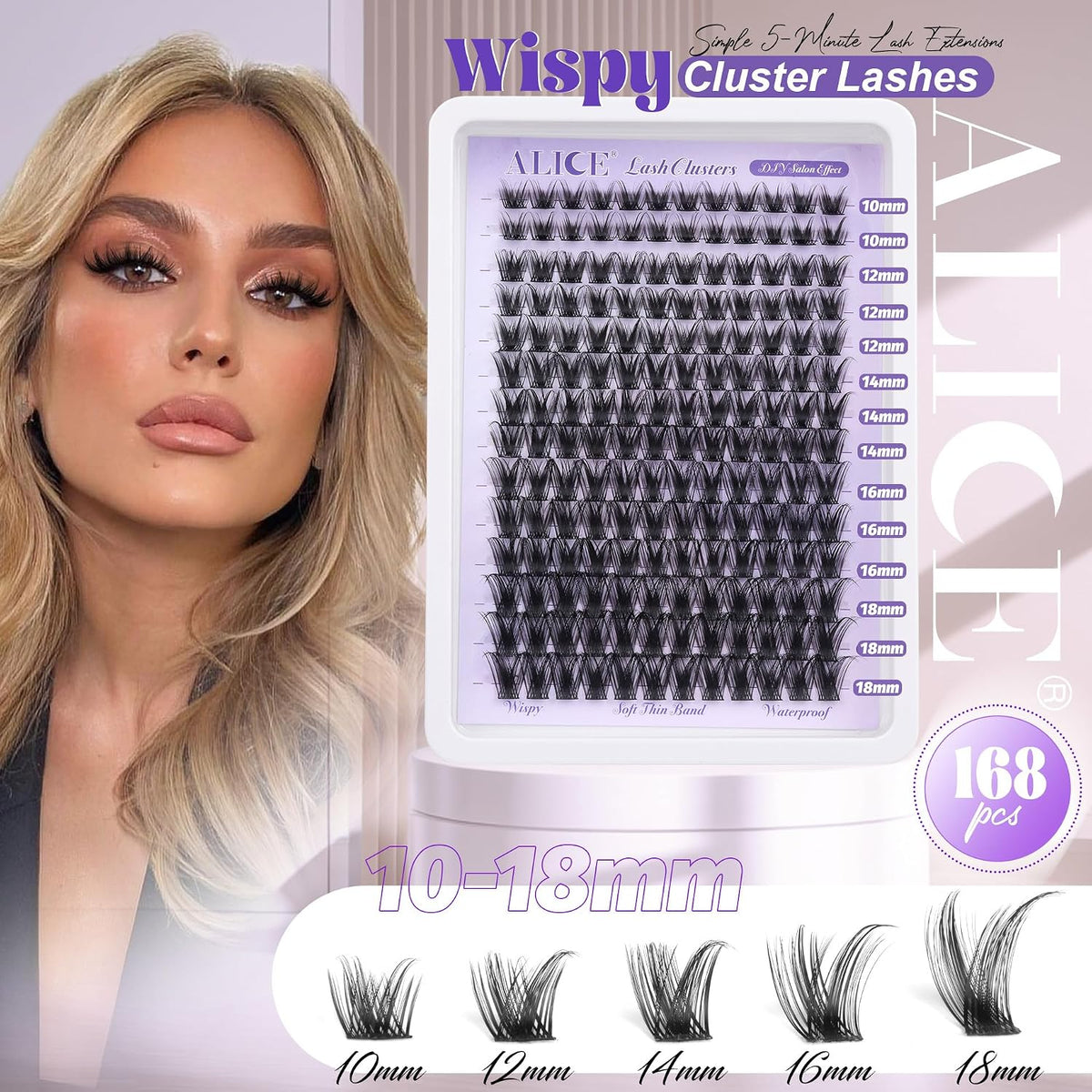ALICE Lash Clusters Wispy Eyelash Clusters 10-18mm 168pcs Cluster Eyelash Extensions Natural Volume Lash Extensions DIY 