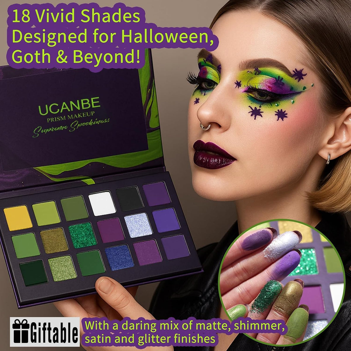 Green Purple Goth Eyeshadow Palette Makeup- 18 Colors Matte Shimmer Metallic Bright & Dark Smoky Gothic Eye Shadows for 