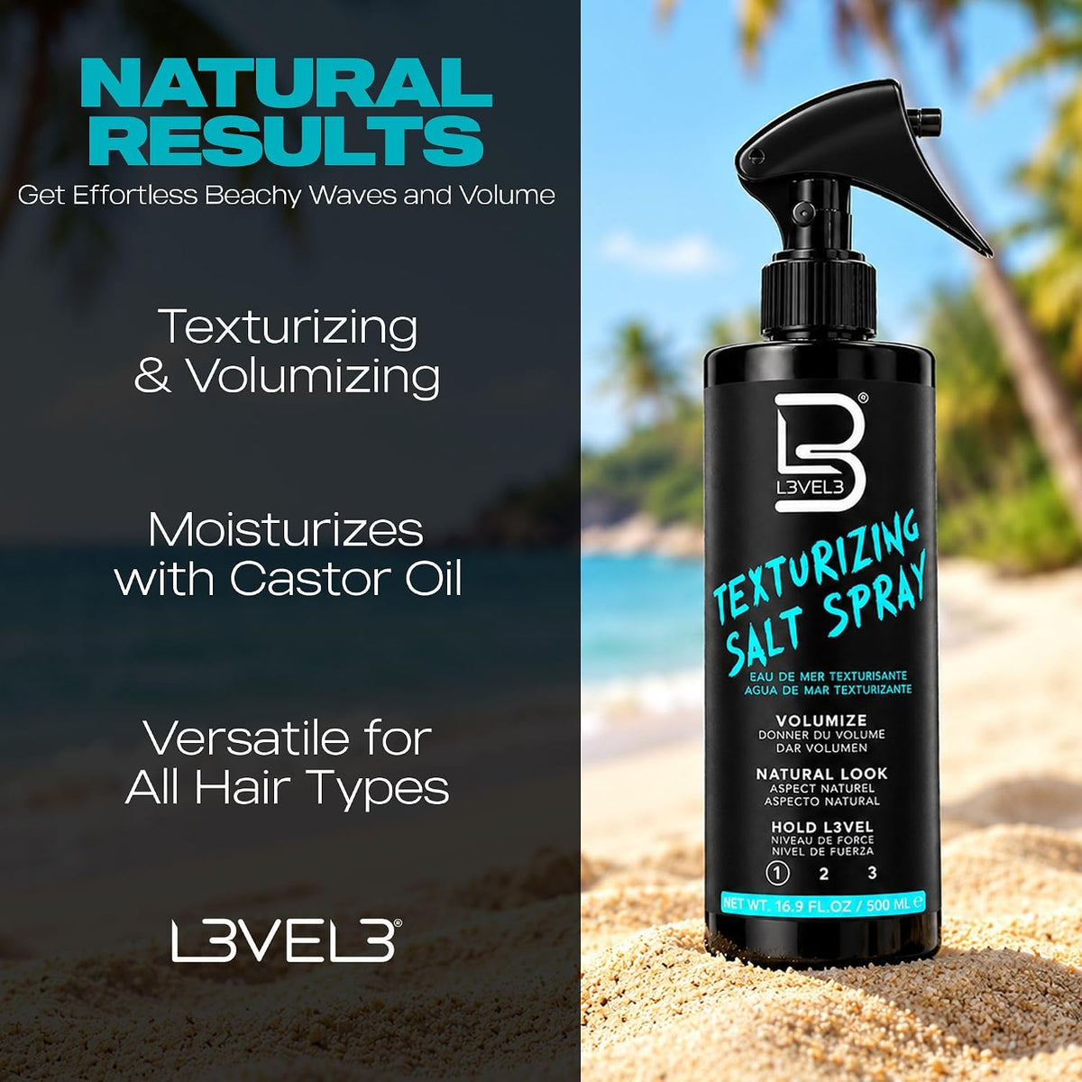 L3 Level 3 Sea Salt Spray for Hair, Texturizing, Beachy Waves, 8.45 fl oz