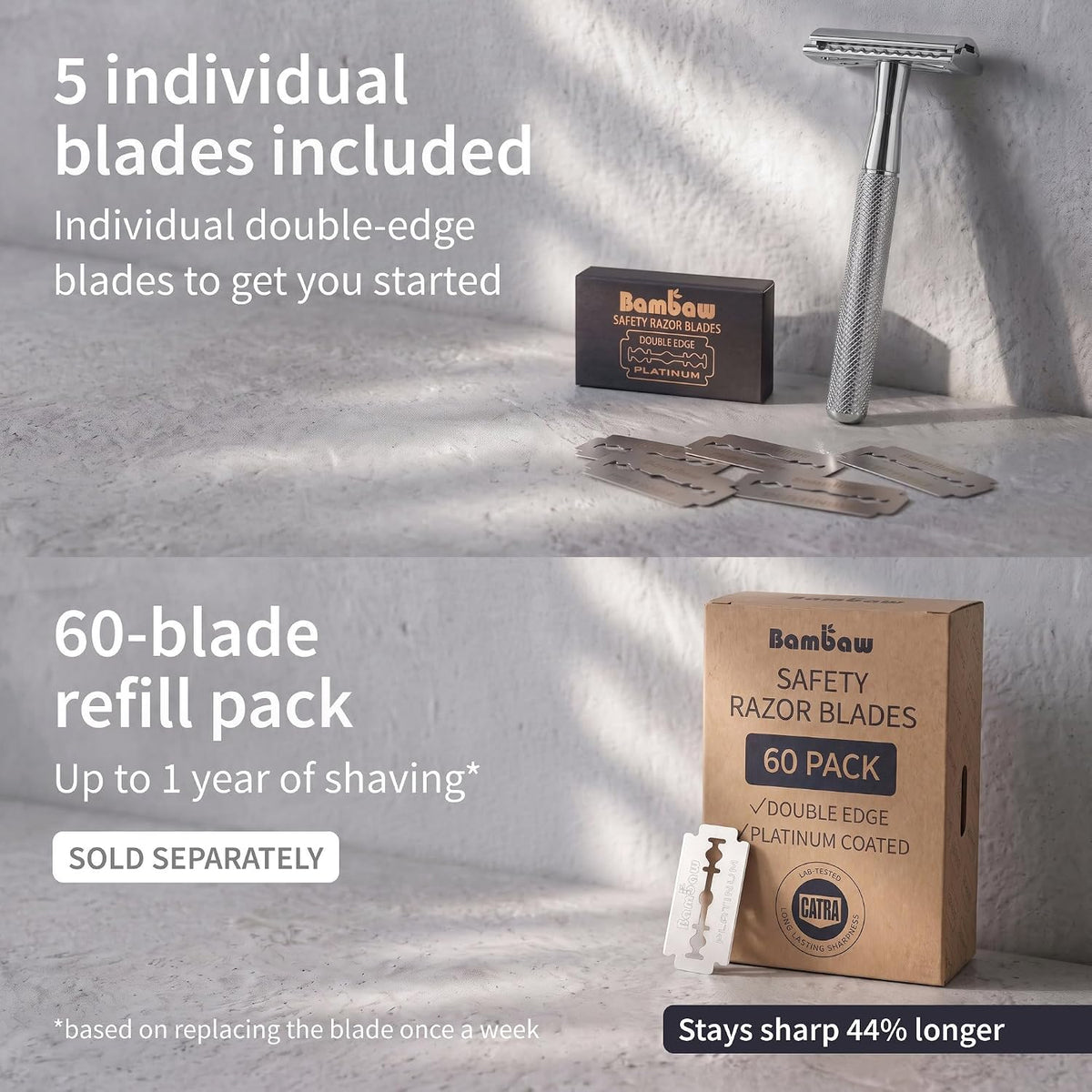 Bambaw Double Edge Safety Razor for Men & Women, Metal Razor with 5 Double Edge Safety Razor Blades, Eco-Friendly Razor 