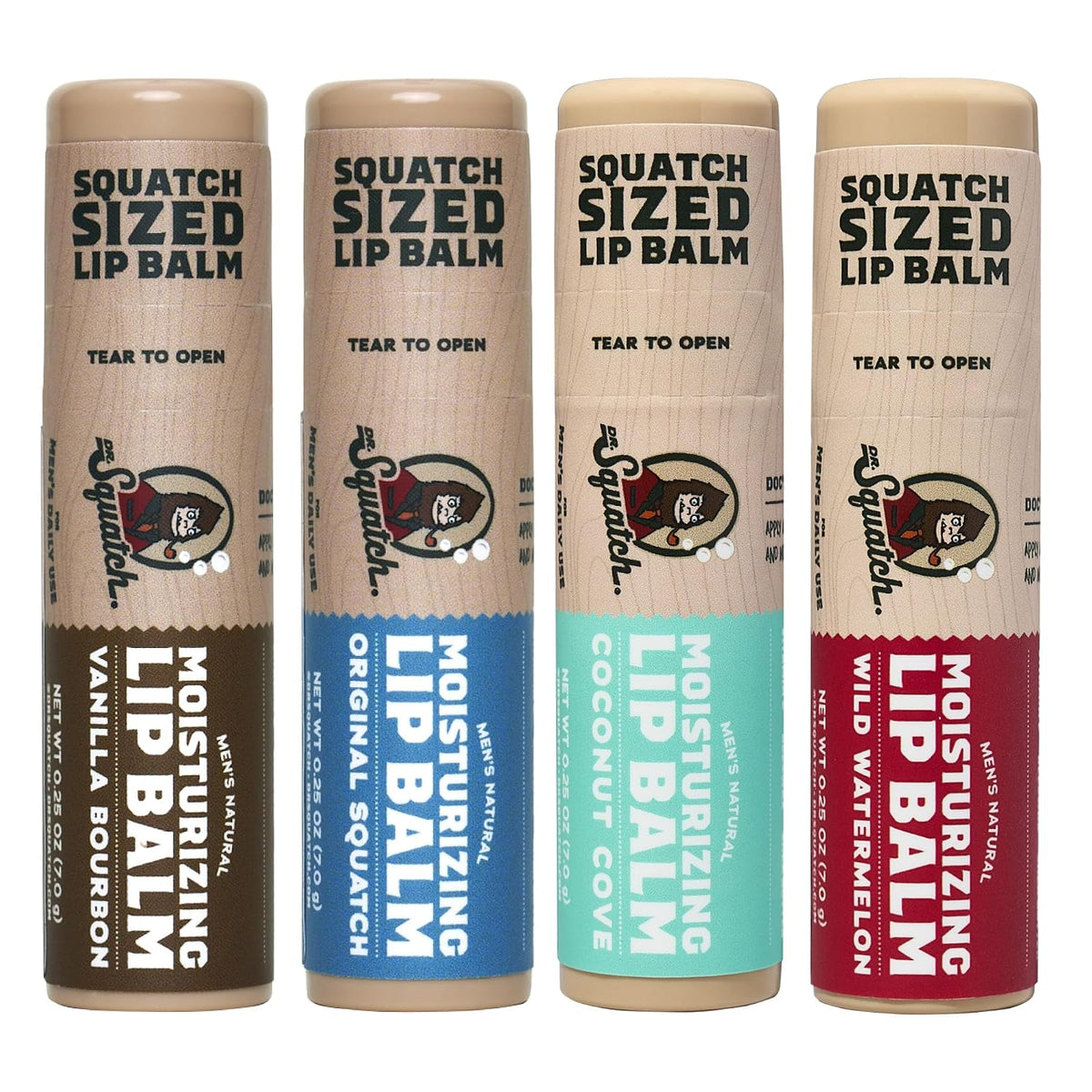 Dr. Squatch Natural Lip Balm for Men, Men’s Lip Care (0.25oz, 4-Pack)