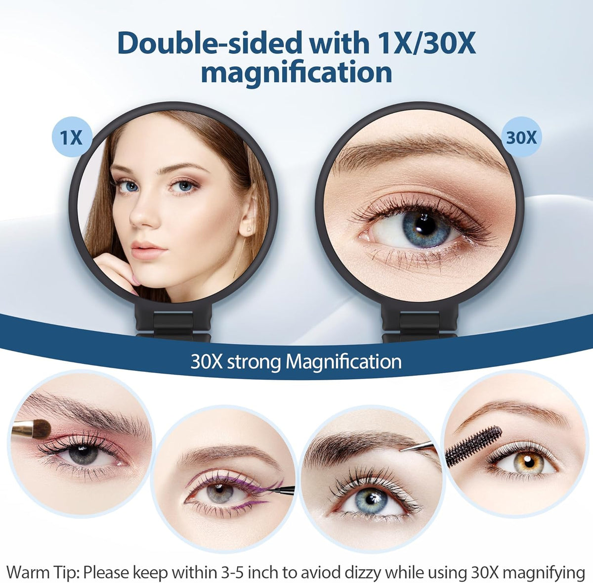 30X Magnifying Mirror, Hand Mirror with Handle, Double Sided Hand Mirror with 30X/1X Magnification, Travel Essential Por
