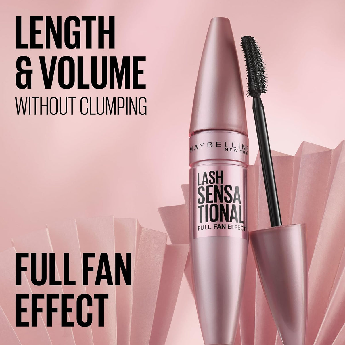 Maybelline Lash Sensational Washable Mascara, Lengthening and Volumizing for a Full Fan Effect, Blackest Black, 1 Count
