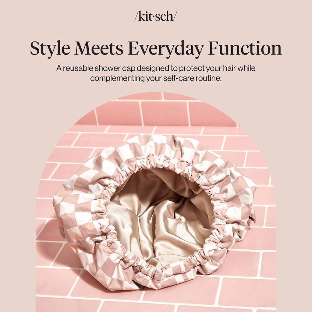 Kitsch Luxury Satin-Lined Flexi Shower Cap for Women - Terracotta Checker