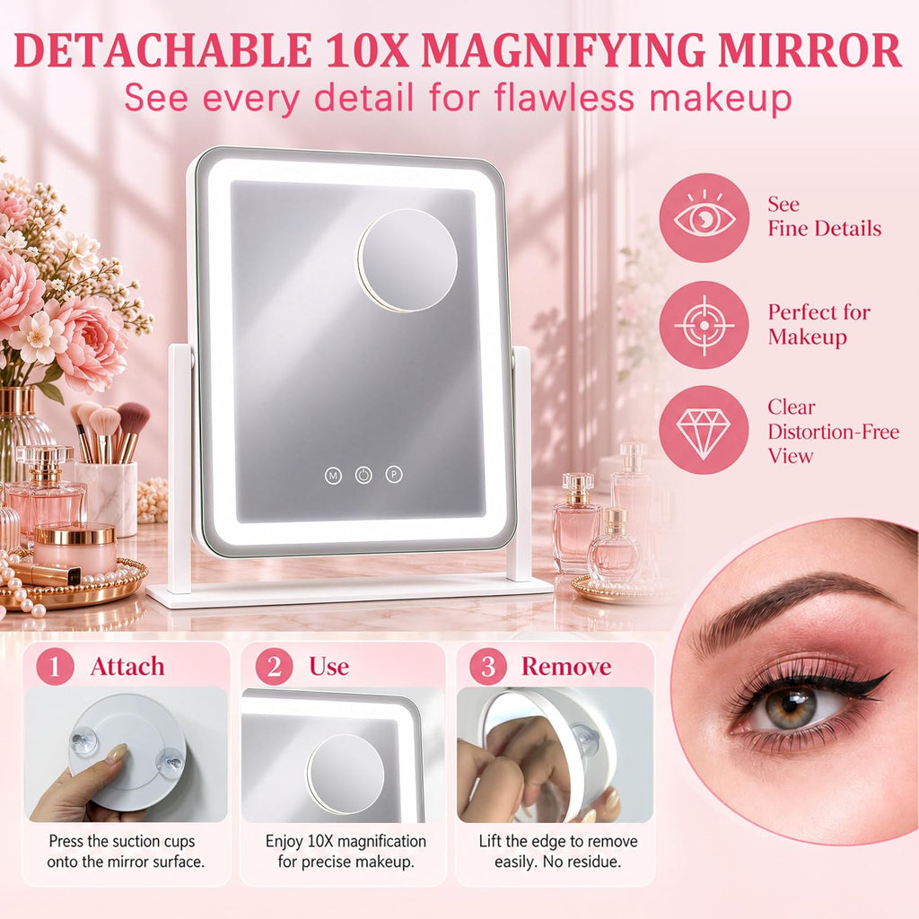 ROLOVE Vanity Mirror with Lights for Desk, 12.6"x15", Dimmable, White