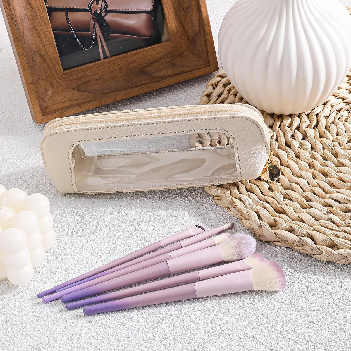 Psyqtsuary Small Clear Makeup Bag, PU Leather Travel Makeup Brush Case Portable Transparent Waterproof Cosmetic Organize