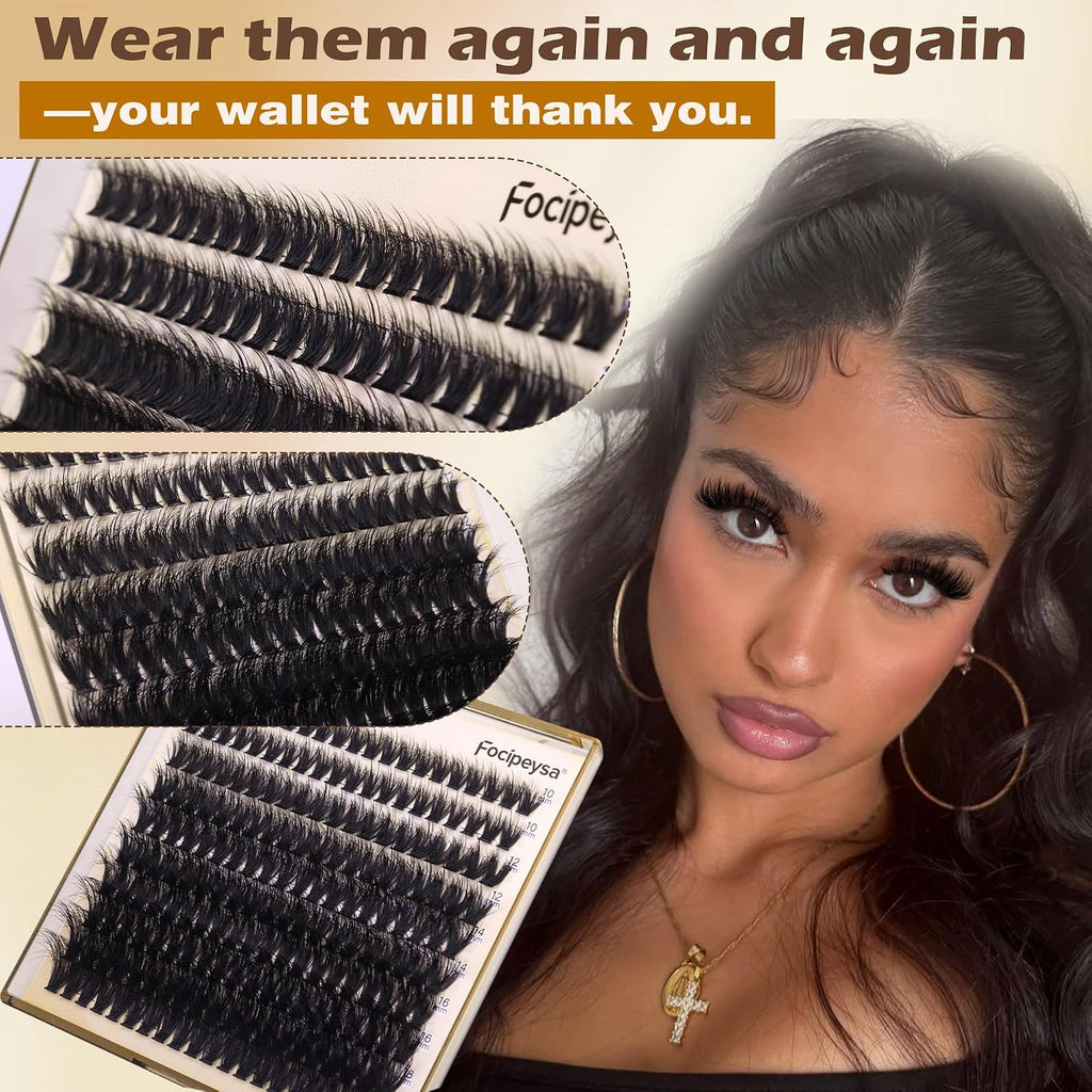 Focipeysa Lash Extension Kit Thick Eyelash Extension Kit 10-18mm Fluff Volume Lash Clusters 200D Individual Eyelashes Ki