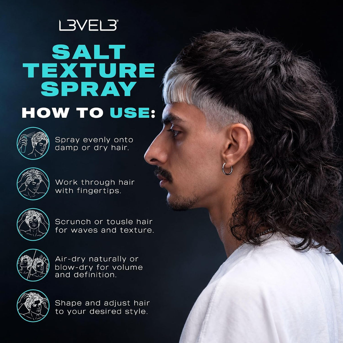 L3 Level 3 Sea Salt Spray for Hair, Texturizing, Beachy Waves, 8.45 fl oz