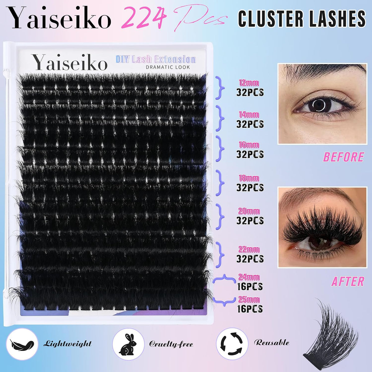 Yaiseiko Fluffy Lash Clusters 300D Thick Long 12-25mm Volume Cluster Eyelash Extensions 224Pcs Wispy Individual Lashes D