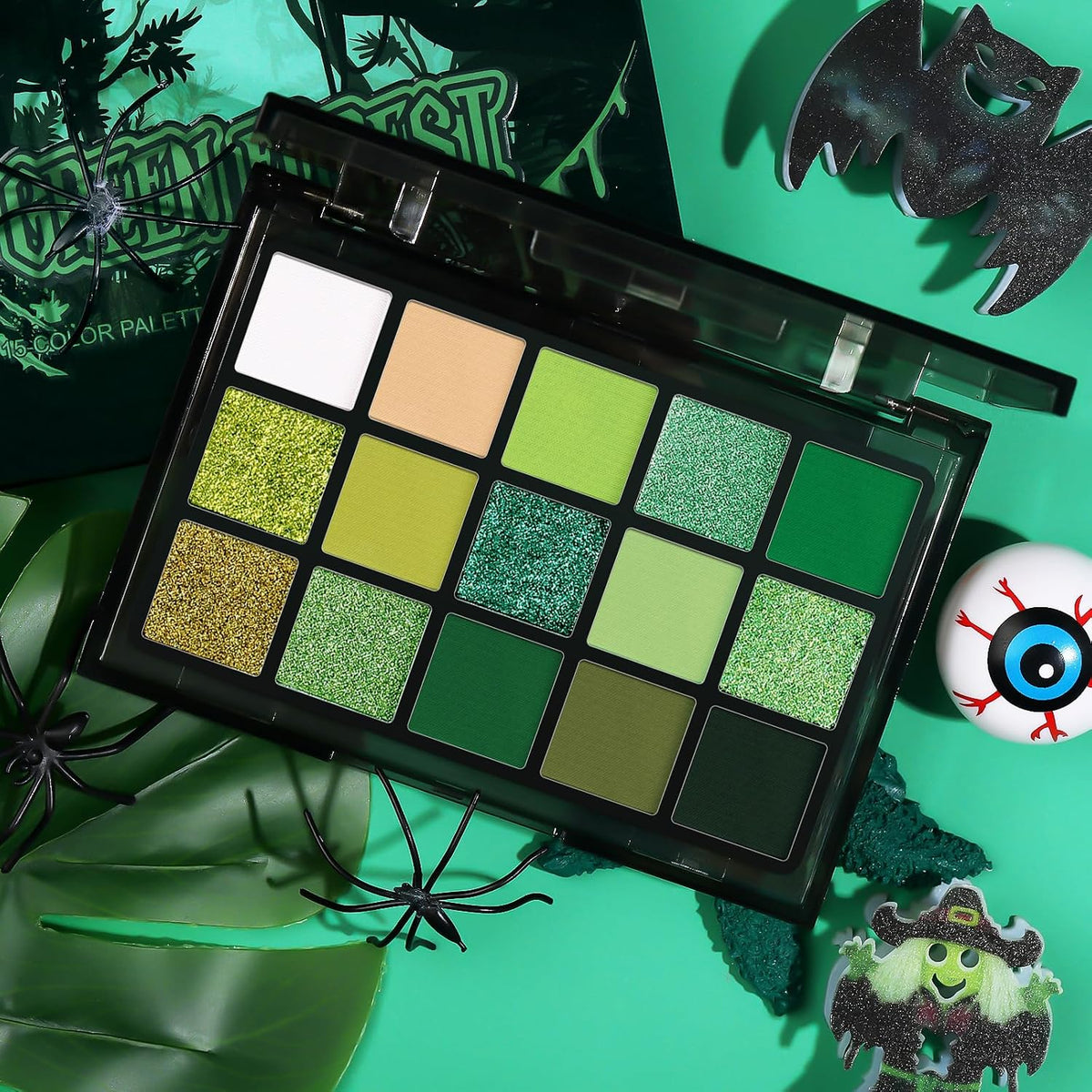 UCANBE Green Eyeshadow Makeup Palette, 15 Colors Bright Dark Green Shimmer Matte Metallic Glitter Eye Shadow, Forest Eme