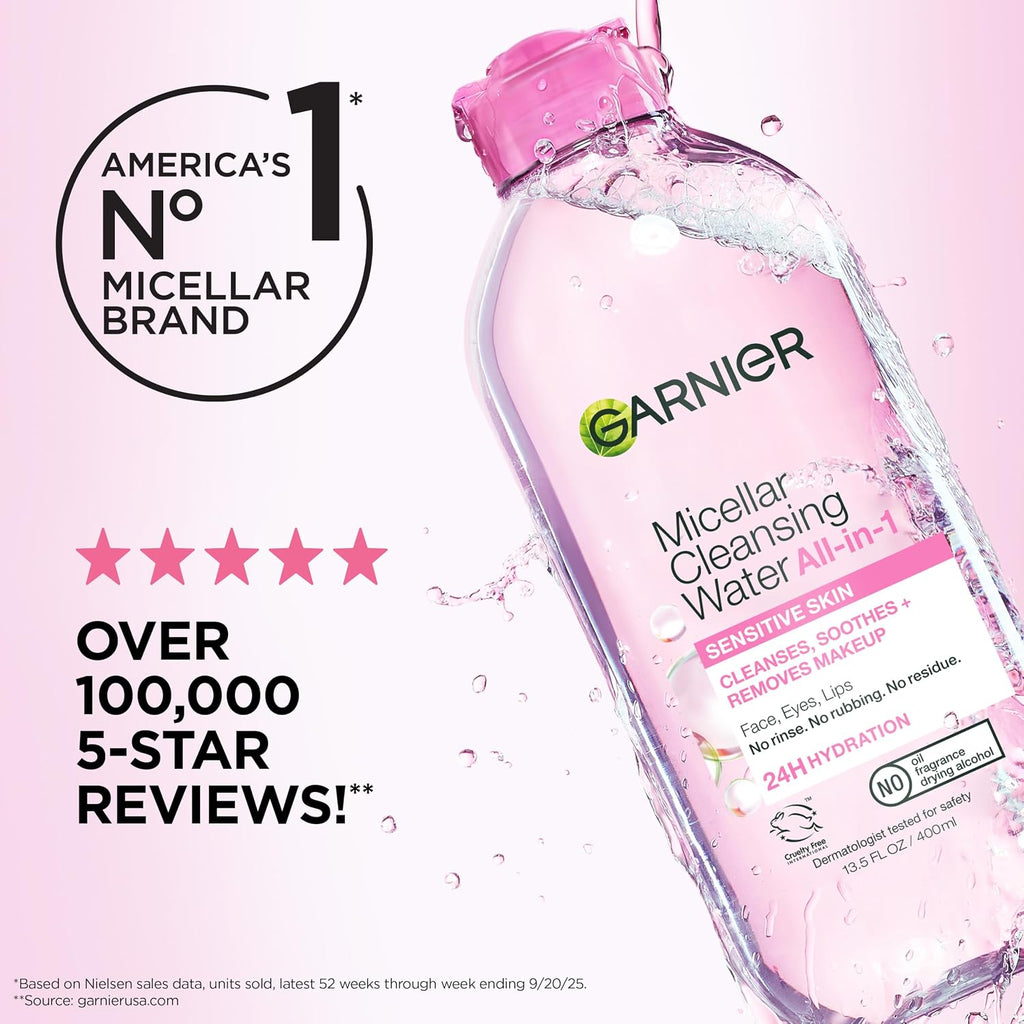 Garnier Micellar Water, Hydrating Facial Cleanser & Makeup Remover, Suitable for Sensitive Skin, Vegan, Cruelty Free, 13