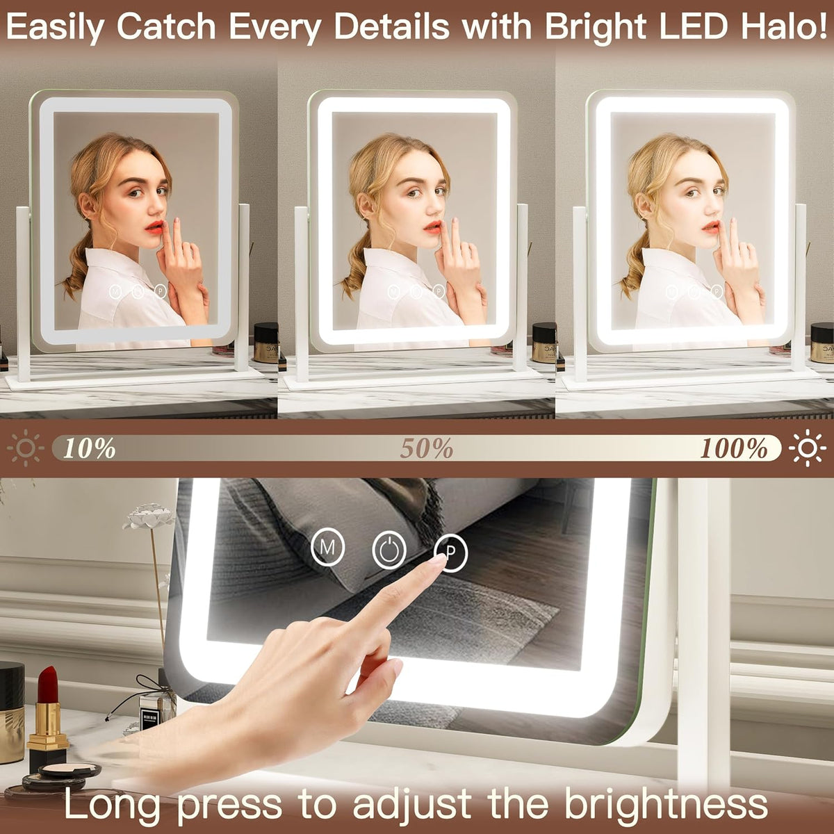 FENNIO Vanity Mirror with Lights - 15"x12.6" LED Lighted Makeup Mirror, Large Makeup Mirror with Lights, Touch Screen wi